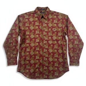 Ralph Lauren Chaps Mens L Red LS Button Up Novelty Holiday Gift Present AOP